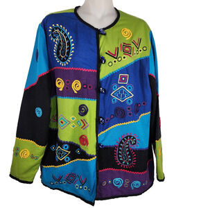 Vintage 90s Allure Womens Jacket Blazer Patchwork Hippie Artsy Embroidered Small
